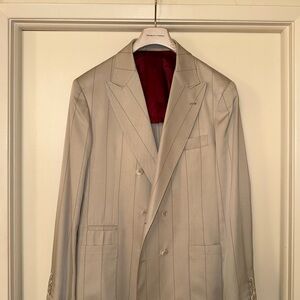 Brunello Cucinelli Double-Breasted %100 Silk Beige Blazer with Burgundy Lining